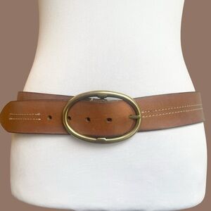 Wide Brown Leather Belt Oval Buckle 90s Size S/M